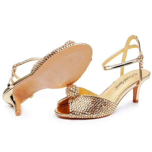Sexy Gold Rhinestone Summer Evening Party Womens Sandals 2024 Ankle Strap 6 cm Stiletto Heels Open / Peep Toe Sandals High Heels
