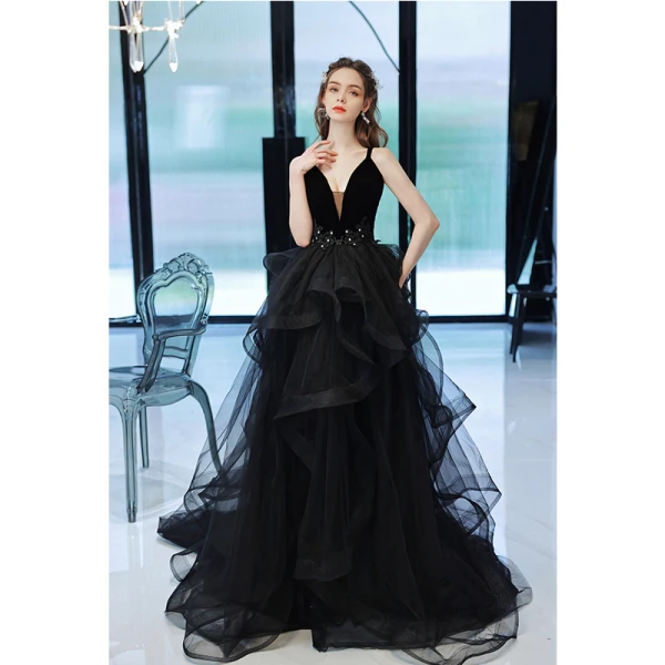 Fashion Black Rhinestone Lace Flower Prom Dresses A-Line / Princess 2022 Spaghetti Straps Cascading Ruffles Sleeveless Backless Floor-Length / Long Formal Dresses