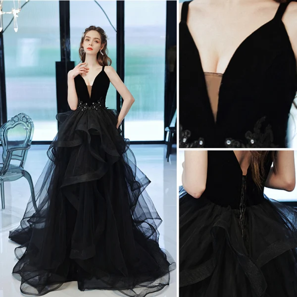 Fashion Black Rhinestone Lace Flower Prom Dresses A-Line / Princess 2022 Spaghetti Straps Cascading Ruffles Sleeveless Backless Floor-Length / Long Formal Dresses
