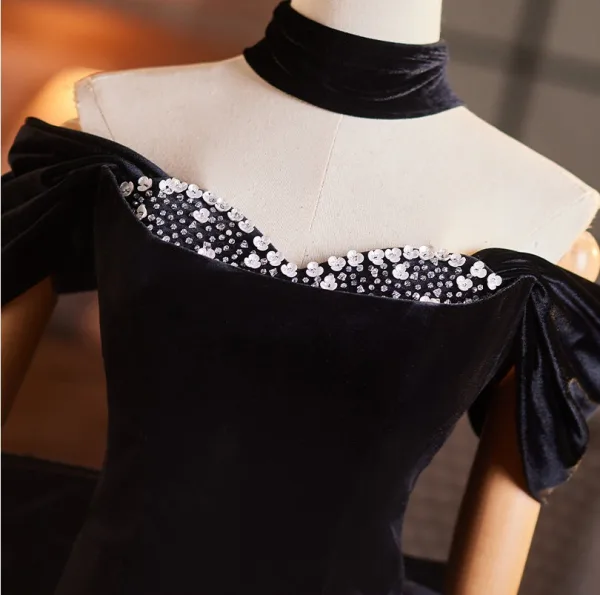 Sexy Black Sequins Velvet Evening Dresses 2026 Trumpet / Mermaid Off-The-Shoulder Short Sleeve Backless Bow Floor-Length / Long Evening Party Formal Dresses