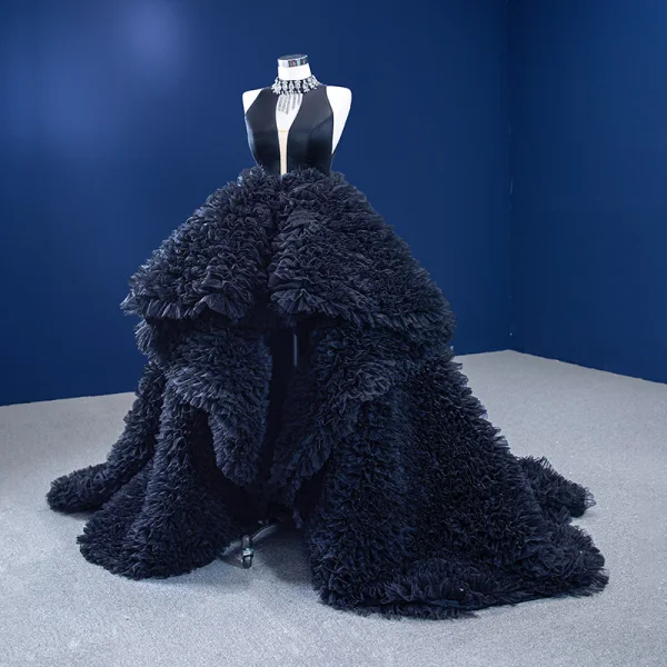 Luxury / Gorgeous Black Cascading Ruffles Prom Dresses 2022 Ball Gown High Neck Rhinestone Tassel Sleeveless Court Train Formal Dresses