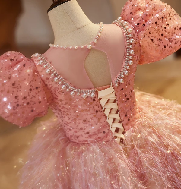 Lovely Blushing Pink Pearl Sequins Rhinestone Tassel Birthday Flower Girl Dresses 2024 Ball Gown Scoop Neck Puffy Short Sleeve Backless Floor-Length / Long