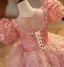 Lovely Blushing Pink Pearl Sequins Rhinestone Tassel Birthday Flower Girl Dresses 2024 Ball Gown Scoop Neck Puffy Short Sleeve Backless Floor-Length / Long