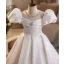 Chic / Beautiful White Satin Wedding Flower Girl Dresses 2026 Ball Gown Scoop Neck Puffy Short Sleeve Backless Floor-Length / Long