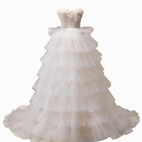 Charmant Blanche Perlage Perle Appliques Volants en Cascade Robe De Soirée 2023 Princesse Bretelles Spaghetti Sans Manches Dos Nu Train De Balayage Soirée Robe De Ceremonie