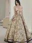 Fashion Blushing Pink Printing Prom Dresses 2024 A-Line / Princess Bow Strapless Sleeveless Backless Floor-Length / Long Prom Formal Dresses