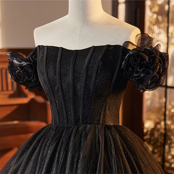 Charmant Noire Paillettes Robe De Bal 2023 Robe Boule De l'épaule Volants Manches Courtes Dos Nu Tribunal Train Promo Robe De Ceremonie
