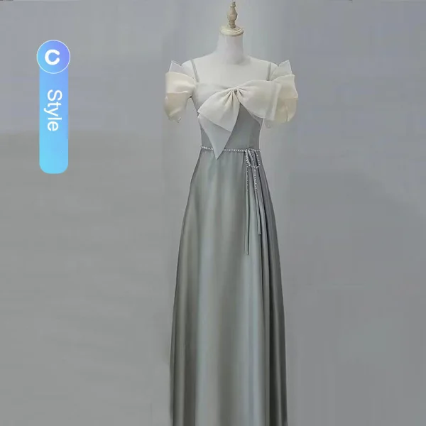 Modest / Simple Grey Satin Bridesmaid Dresses 2022 A-Line / Princess Spaghetti Straps Short Sleeve Pearl Sash Backless Tea-length Bridesmaid Dresses