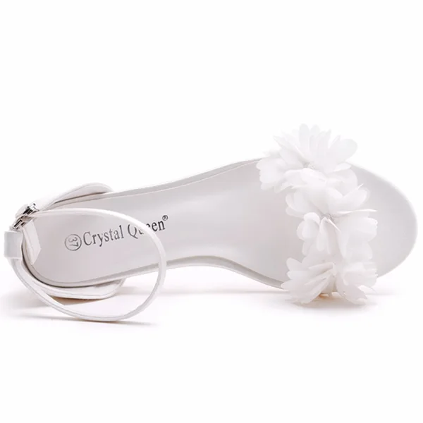 Schöne Weiß Ball Applikationen Sandalen Damen 2023 Knöchelriemen Peeptoes Low Heel Sandaletten Hochhackige