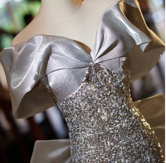 Fashion Sparkly Gradient-Color Beading Sequins Evening Dresses 2024 Trumpet / Mermaid Off-The-Shoulder Short Sleeve Backless Bow Floor-Length / Long Evening Party Formal Dresses