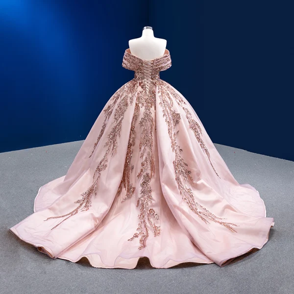 Luxury / Gorgeous Blushing Pink Beading Sequins Wedding Dresses 2022 Ball Gown Off-The-Shoulder Short Sleeve Backless Court Train Wedding