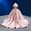 Luxury / Gorgeous Blushing Pink Beading Sequins Wedding Dresses 2022 Ball Gown Off-The-Shoulder Short Sleeve Backless Court Train Wedding