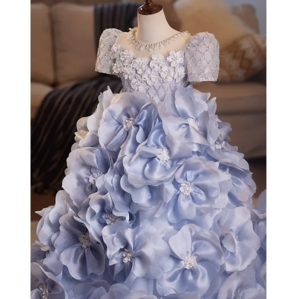 Flower Fairy Fashion Sky Blue Beading Pearl Appliques Sequins Birthday Flower Girl Dresses 2025 Ball Gown Scoop Neck Short Sleeve Backless Floor-Length / Long