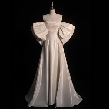 Elegant Ivory Satin Prom Dresses 2025 A Line Princess Off The Shoulder Puffy Short Sleeve Backless Bow Sweep Train Prom Formal Dresses