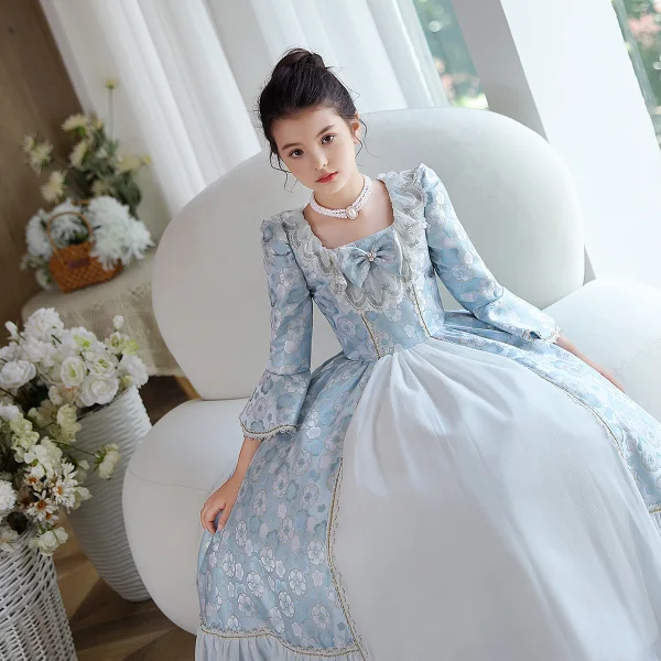 Medieval Vintage / Retro Sky Blue Printing Birthday Flower Girl Dresses 2023 A-Line / Princess Scoop Neck Bow Pearl 3/4 Sleeve Floor-Length / Long Flower Girl Dresses