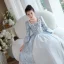 Medieval Vintage / Retro Sky Blue Printing Birthday Flower Girl Dresses 2023 A-Line / Princess Scoop Neck Bow Pearl 3/4 Sleeve Floor-Length / Long Flower Girl Dresses