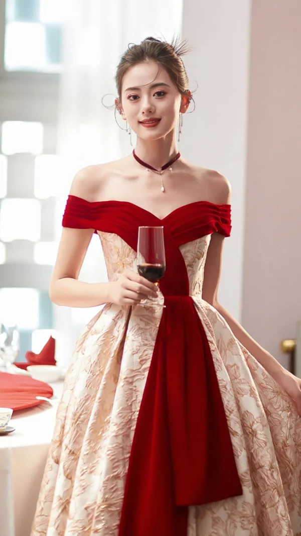 Chic / Beautiful Red Printing Prom Dresses 2023 A-Line / Princess Off-The-Shoulder Sleeveless Backless Floor-Length / Long Prom Formal Dresses