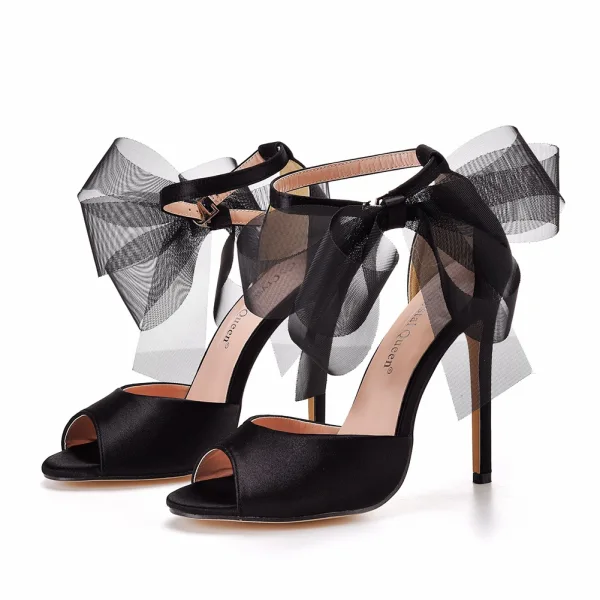 Sexy Noire Bride Cheville Noeud Soirée Sandales Femme 2022 Satin 11 cm Talons Aiguilles Peep Toes / Bout Ouvert Sandales Talons Hauts