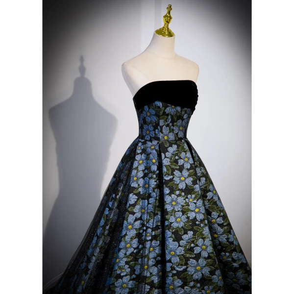 Flower Fairy Charming Printing Black Prom Dresses 2023 A-Line / Princess Strapless Sleeveless Backless Sweep Train Formal Dresses