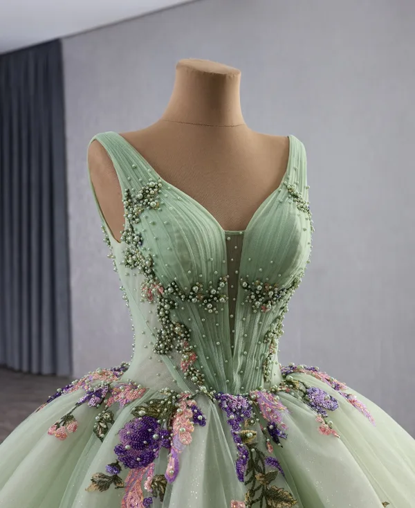 Luxury / Gorgeous Sage Green Beading Pearl Sequins Appliques Lace Flower Prom Dresses 2025 Ball Gown V-Neck Sleeveless Backless Chapel Train