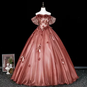 Dreamy Rose Gold Sequins Bow Appliques Prom Dresses 2026 Ball Gown Off The Shoulder Short Sleeve Backless
