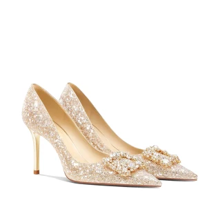 Glittrande Guld Rhinestone Paljetter Brudskor 2024 6 Cm Stilettklackar Spetsiga Bröllop Pumps Högklackade