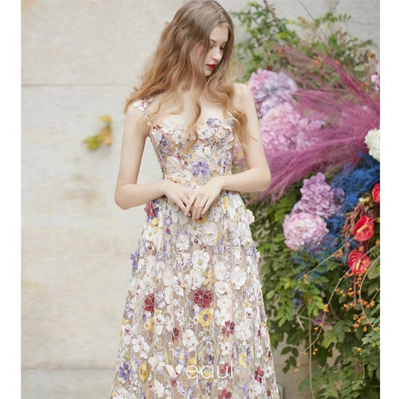 Flower Fairy Beige Floral Appliques Outdoor Garden Prom Dresses 2022 A-Line Princess