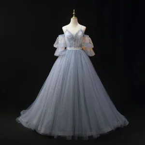 Charmant Bleu Ciel En Dentelle Fleur Plissée Robe De Bal 2024 Robe Boule Bretelles Spaghetti Manches Courtes Dos Nu Longue Robe De Ceremonie