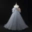 Charming Sky Blue Lace Flower Pleated Prom Dresses 2024 Ball Gown Spaghetti Straps Short Sleeve Backless Floor-Length / Long Formal Dresses