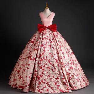 Charmant Rougissant Rose Impression Robe De Bal 2023 Robe Boule V Cou Sans Manches Dos Nu Noeud Longue Promo Robe De Ceremonie