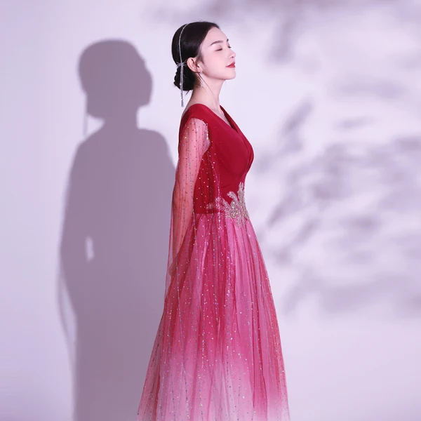Vintage / Retro Burgundy Glitter Sequins Prom Dresses 2024 A-Line / Princess V-Neck 1/2 Sleeves Backless Floor-Length / Long Prom Formal Dresses