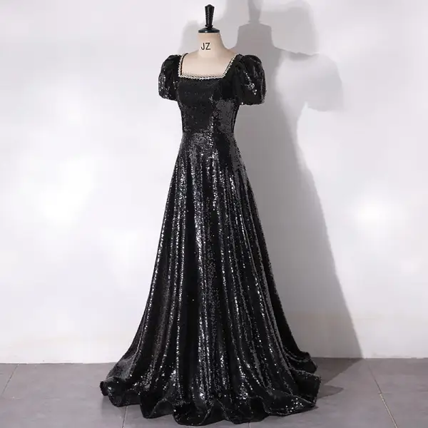 Scintillantes Noire Paillettes Robe De Bal 2024 Princesse Encolure Carrée Manches Courtes Dos Nu Longue Promo Robe De Ceremonie