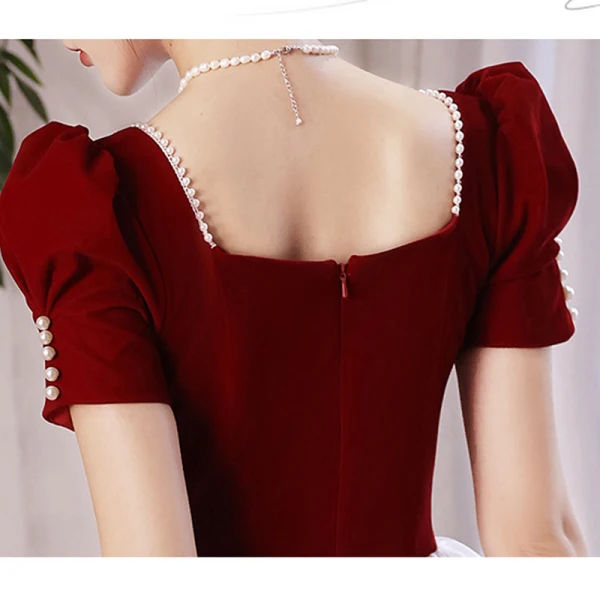 Chic / Beautiful Burgundy Prom Dresses 2023 A-Line / Princess Square Neckline Bow Short Sleeve Backless Floor-Length / Long Formal Dresses