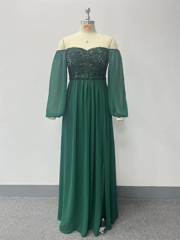 Chic / Beautiful Dark Green Sequins Split Front Evening Dresses 2024 A-Line / Princess Off-The-Shoulder Short Sleeve Backless Floor-Length / Long Evening Party Formal Dresses