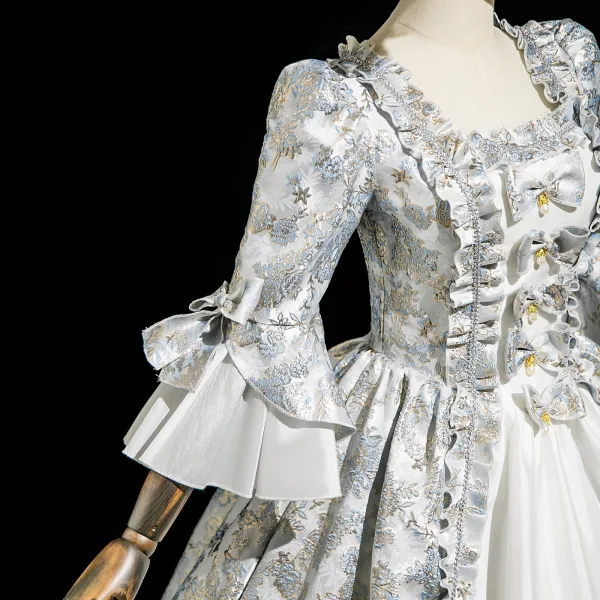 Vintage / Retro Medieval Ivory Printing Bow Prom Dresses 2025 Ball Gown Square Neckline Bell sleeves Floor-Length / Long Prom Formal Dresses