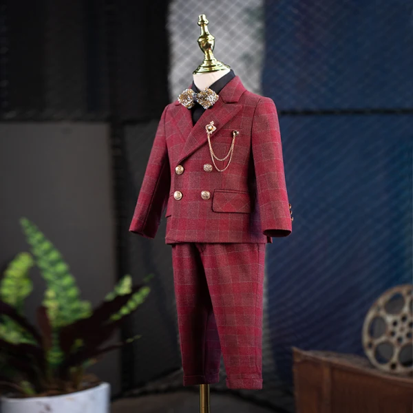 Burgundy 5-piece Plaid Long Sleeve Boys Wedding Suits 2022 Body Jewellery Coat Pants Shirt Tie Wedding