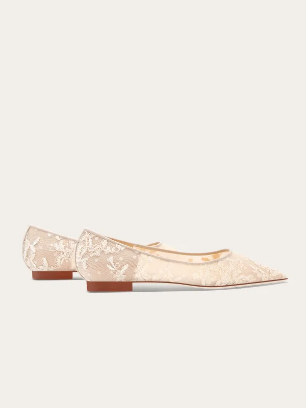 Charming Champagne Lace Flower Leather Flat Wedding Shoes 2025 Pointed Toe Wedding High Heels