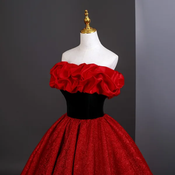 Vintage / Retro Red Prom Dresses 2025 Ball Gown Ruffle Strapless Sleeveless Backless Floor-Length / Long Formal Dresses