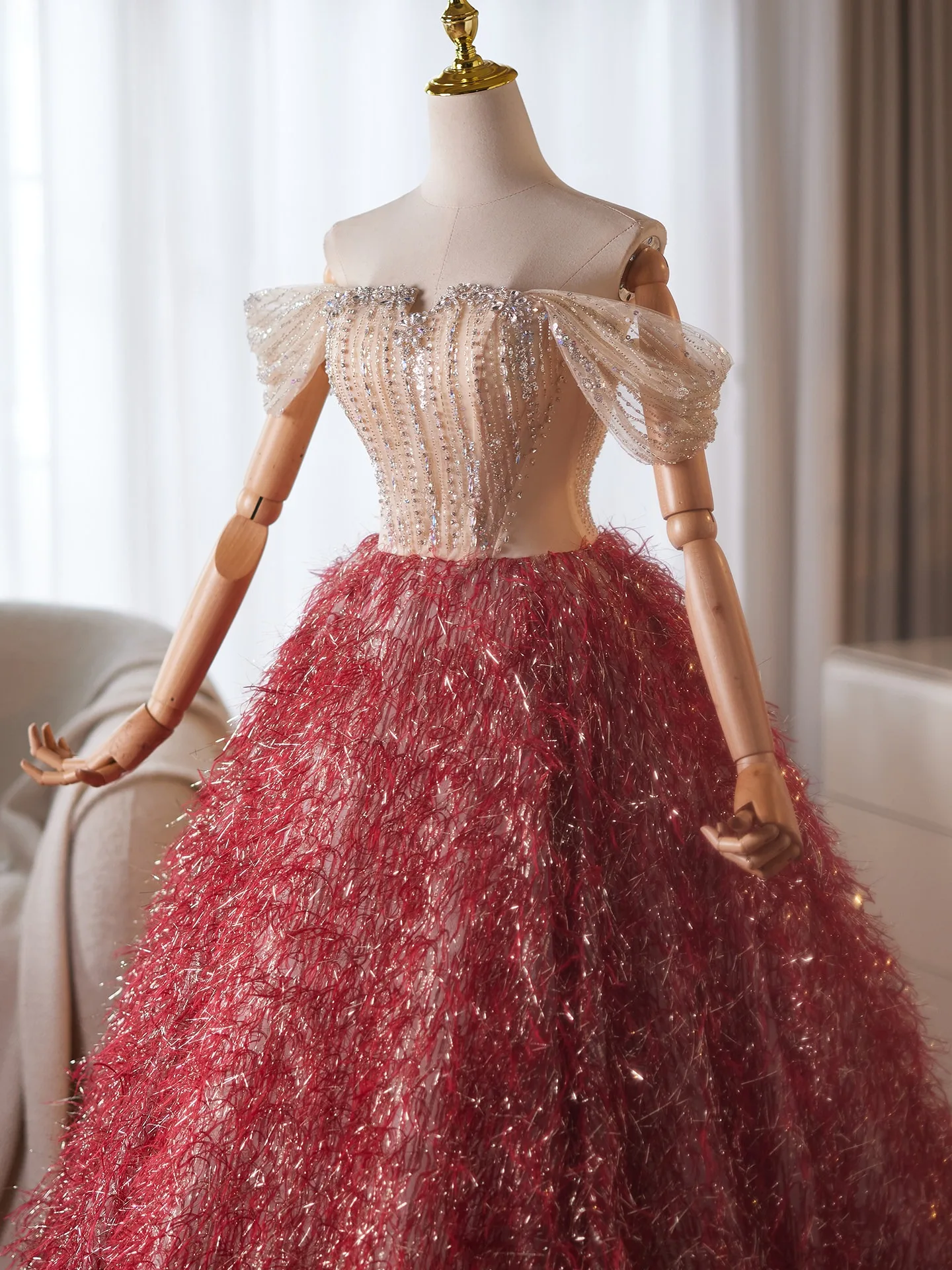 red dress floor length short sleeve LA Merchandise LA8097 Feather Short Sleeve Sequin Red Carpet Dress – LA  Merchandise, Inc main image 1