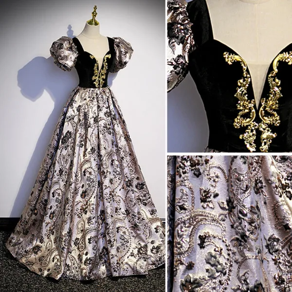 Vintage / Retro Black Printing Prom Dresses 2022 A-Line / Princess Square Neckline Puffy Short Sleeve Backless Floor-Length / Long Prom Formal Dresses