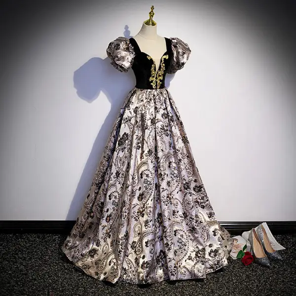 Vintage / Retro Black Printing Prom Dresses 2022 A-Line / Princess Square Neckline Puffy Short Sleeve Backless Floor-Length / Long Prom Formal Dresses