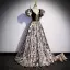 Vintage / Retro Black Printing Prom Dresses 2022 A-Line / Princess Square Neckline Puffy Short Sleeve Backless Floor-Length / Long Prom Formal Dresses