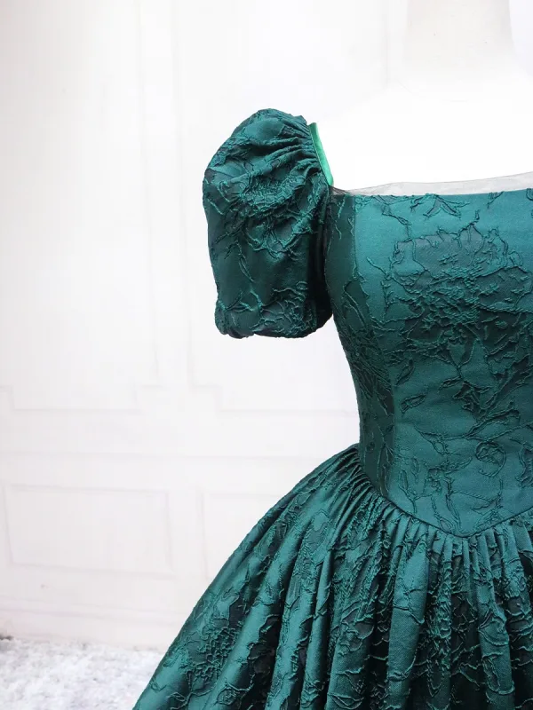 Vintage / Retro Dark Green Printing Prom Dresses 2025 Ball Gown Square Neckline Puffy Short Sleeve Backless Floor-Length / Long Prom Formal Dresses