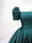Vintage / Retro Dark Green Printing Prom Dresses 2025 Ball Gown Square Neckline Puffy Short Sleeve Backless Floor-Length / Long Prom Formal Dresses