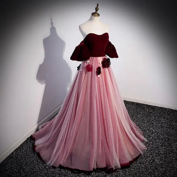 Elegant Burgundy Appliques Prom Dresses 2022 A-Line / Princess Strapless Pearl Sleeveless Backless Floor-Length / Long Prom Formal Dresses