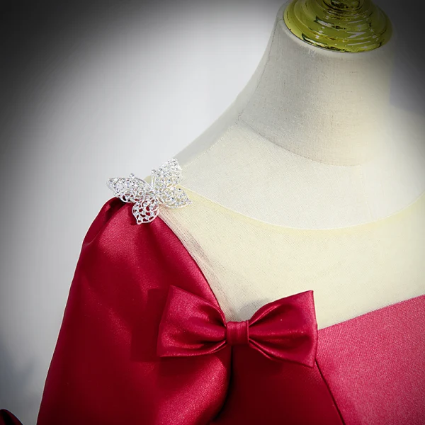Elegant Burgundy Satin Prom Dresses 2022 A-Line / Princess Scoop Neck Short Sleeve Backless Bow Floor-Length / Long Formal Dresses