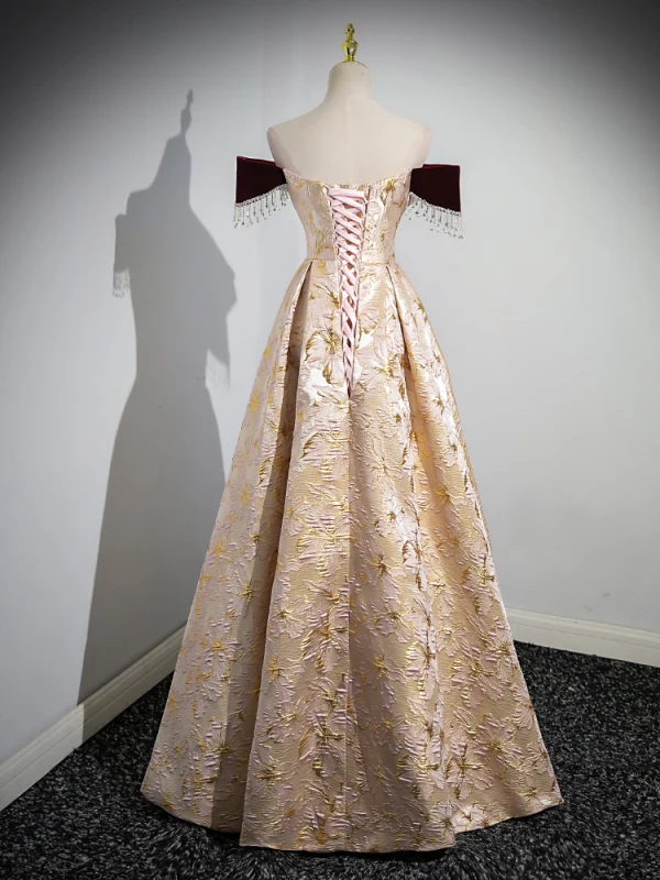 Chic / Beautiful Champagne Rhinestone Tassel Printing Prom Dresses 2023 A-Line / Princess Off-The-Shoulder Sleeveless Backless Floor-Length / Long Formal Dresses