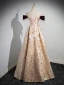 Chic / Beautiful Champagne Rhinestone Tassel Printing Prom Dresses 2023 A-Line / Princess Off-The-Shoulder Sleeveless Backless Floor-Length / Long Formal Dresses
