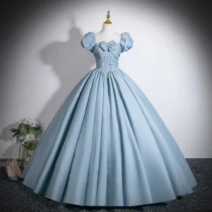 Élégant Bleu Ciel Noeud Robe De Bal 2026 Robe Boule Encolure Carrée Gonflée Manches Courtes Dos Nu Longue Robe De Ceremonie