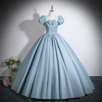Élégant Bleu Ciel Noeud Robe De Bal 2026 Robe Boule Encolure Carrée Gonflée Manches Courtes Dos Nu Longue Robe De Ceremonie
